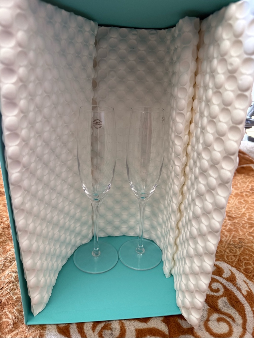 Tiffany & Co. Clear Crystal Champagne Flutes with Tiffany Blue Box